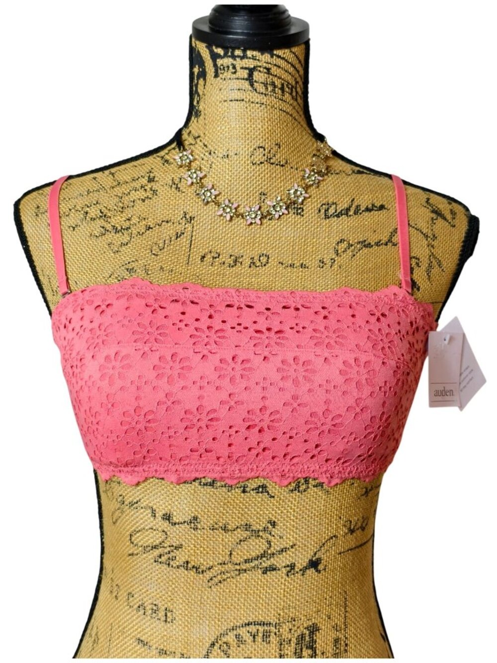 Auden Coral Bandeau S Pink Floral Lace Removeable Pad Adjustable Wireless New